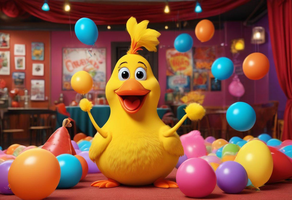 A whimsical scene featuring a laughing cartoon character, doubled over with laughter, surrounded by quirky objects such as a whoopee cushion, a rubber chicken, and floating speech bubbles with funny one-liners. Bright, bold colors enhance the comedic vibe, while a playful background of a comedy club stage sets the atmosphere. super-realistic. vibrant colors. cartoon style.