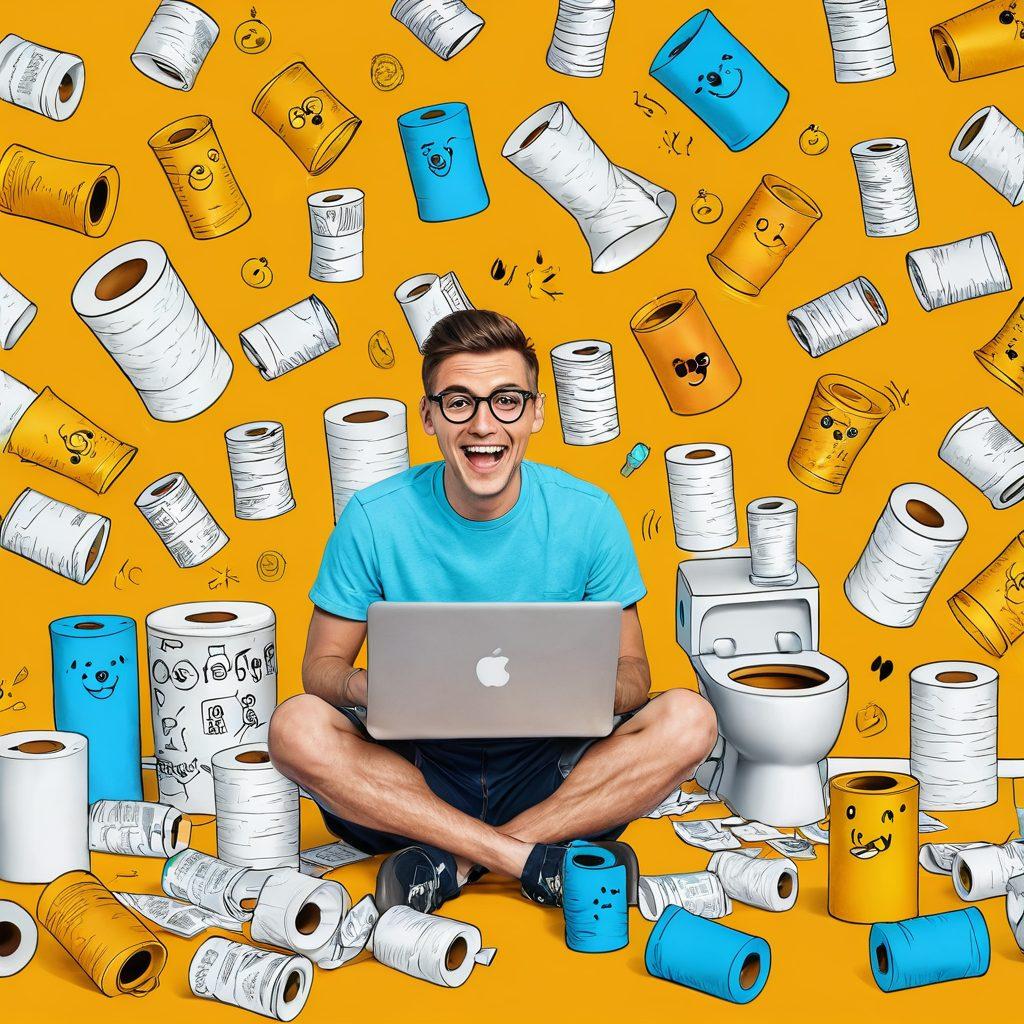A whimsical cartoon-style scene featuring a quirky blogger surrounded by funny urine-themed props, like a laughing toilet, colorful toilet paper rolls, and a goofy notepad. The blogger has a mischievous smile and is typing on a laptop that has emojis floating around it. In the background, there are playful doodles representing various comedic elements. Bright, vibrant colors and a light-hearted atmosphere create a cheerful vibe. cartoon style. vibrant colors.