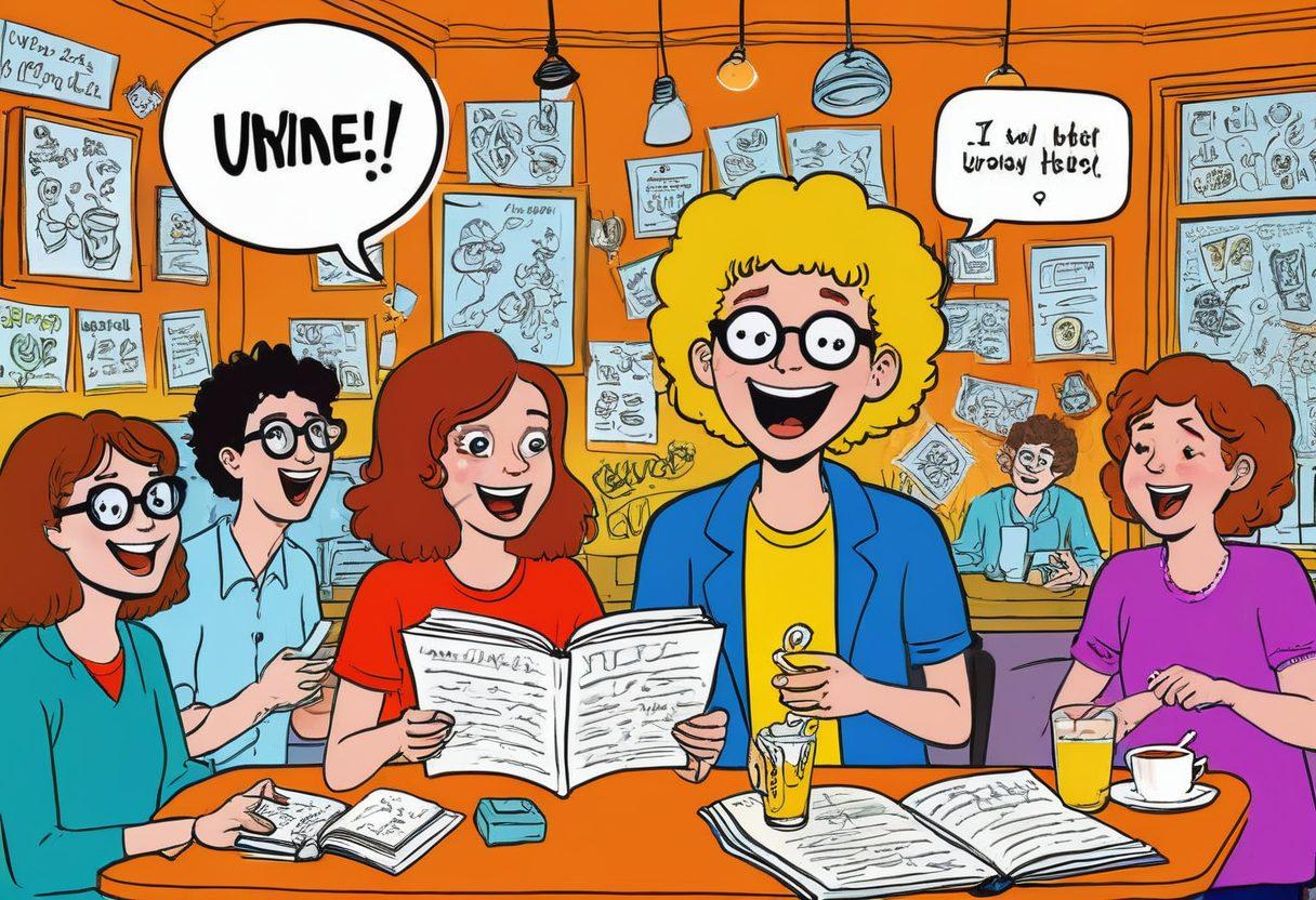 A playful cartoon scene featuring a quirky character holding a whimsical journal titled 'Urine Luck!', surrounded by laughing friends and humorous doodles about adult humor. The background showcases a vibrant café setting with comedic elements like funny speech bubbles and exaggerated facial expressions. Bright colors with a touch of surrealism to highlight the light-hearted theme. cartoon art style. vibrant colors.
